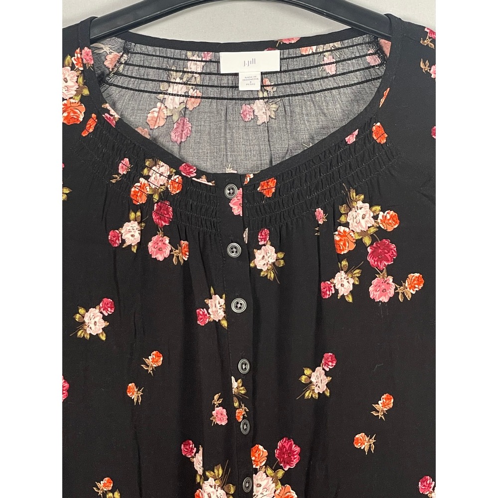 J. Jill Black Floral Button Front Smocked Rayon Dress Petite Small WDR167412 - Picture 2 of 13